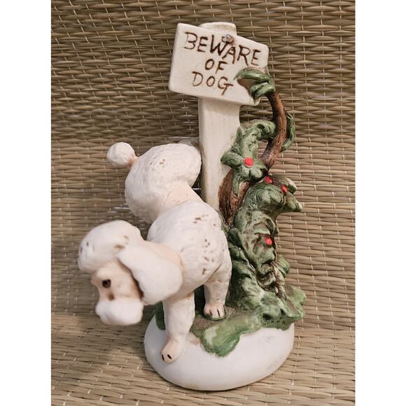 Vintage Enesco Poodle Figurine Urinating On Beware Of Dog Sign HTF - Picture 3 of 6